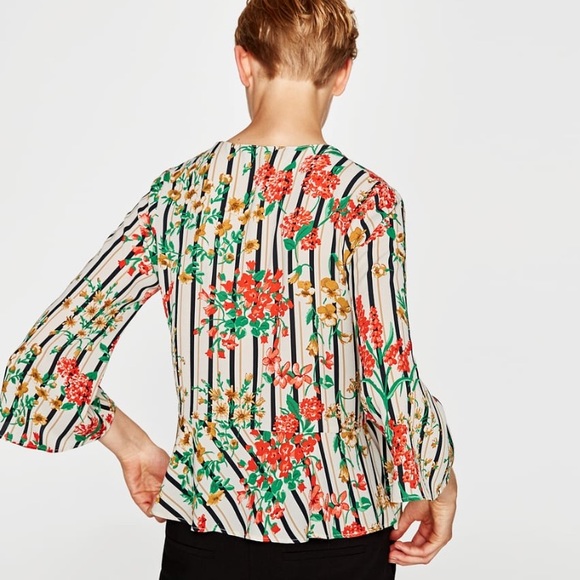 NWT Zara Floral Striped Crossed-Front Blouse - Picture 3 of 8